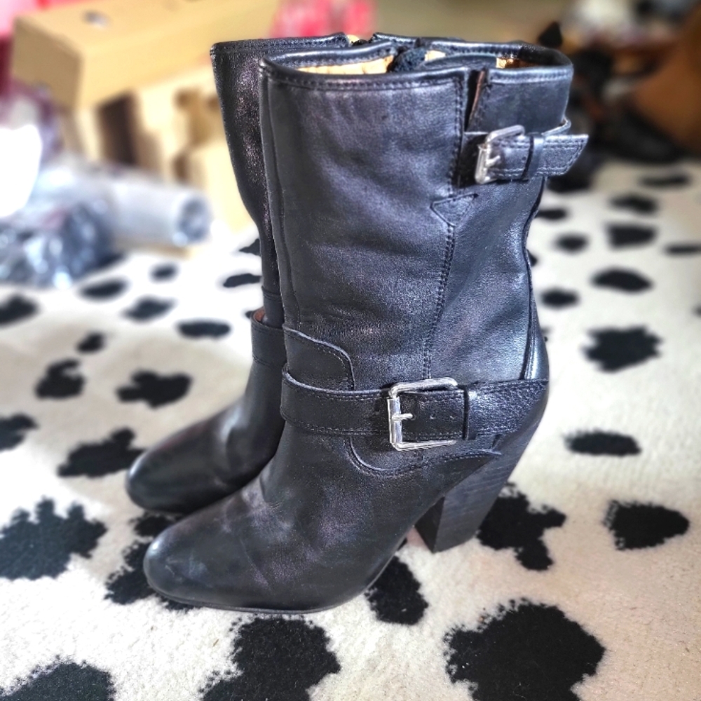 Corso Como Black Real Leather Boots W/ Buckle and Side Zipper size 6